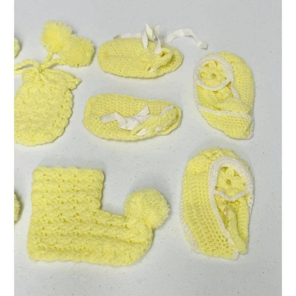 Vintage Crocheted Baby Girls Yellow Mittens & 3 Pair Boots Booties